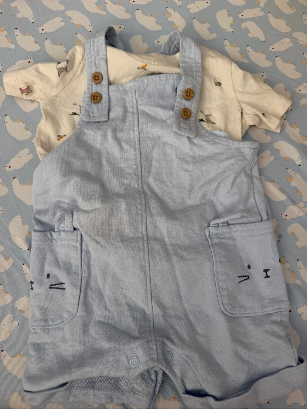 Carter's Light Blue Short Overalls with Wood-Style Buttons